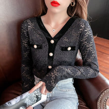 Load image into Gallery viewer, New Autumn Long Sleeve Women&#39;s T-Shirt Sexy V-Neck Hollow Out Lace Tops Elegant Slim Female Shirt