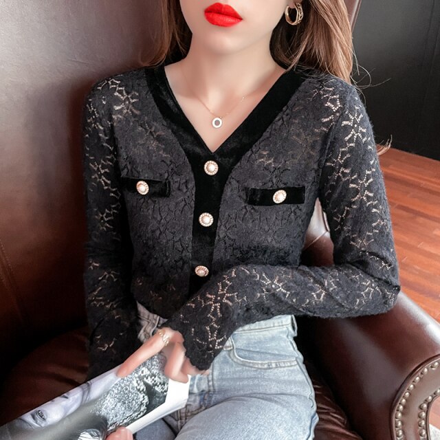 New Autumn Long Sleeve Women's T-Shirt Sexy V-Neck Hollow Out Lace Tops Elegant Slim Female Shirt