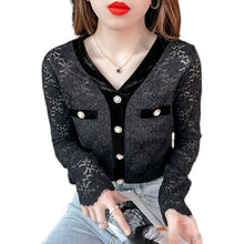 Load image into Gallery viewer, New Autumn Long Sleeve Women&#39;s T-Shirt Sexy V-Neck Hollow Out Lace Tops Elegant Slim Female Shirt