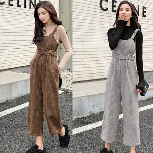 New Autumn Suits Women Loose Retro Corduroy Overalls + Knitted Round Neck Bottoming Sweater 2-Piece Sets Female