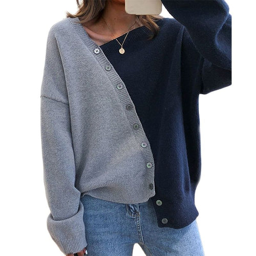 New Autumn Winter Casual Irregular Sweater Fashion Patchwork Button Harajuku Knitted Tops Women Long Sleeve Jumper Tops Pullover