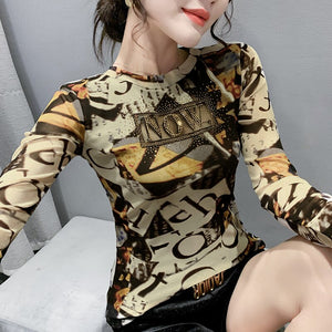 New Autumn Winter Women Tops Fashion Long Sleeve Hollow Out Hot Drilling Mesh T-Shirt Plus Size Women Clothing