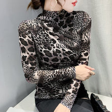 Load image into Gallery viewer, New Autumn Winter Women&#39;s T-Shirt Fashion Long Sleeve Turtleneck Leopard Mesh Tops Shirt Plus Size Women Clothing