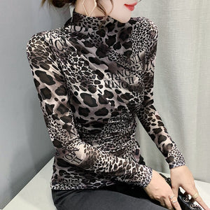 New Autumn Winter Women's T-Shirt Fashion Long Sleeve Turtleneck Leopard Mesh Tops Shirt Plus Size Women Clothing