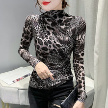 Load image into Gallery viewer, New Autumn Winter Women&#39;s T-Shirt Fashion Long Sleeve Turtleneck Leopard Mesh Tops Shirt Plus Size Women Clothing