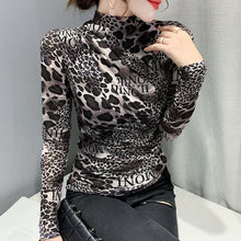 Load image into Gallery viewer, New Autumn Winter Women&#39;s T-Shirt Fashion Long Sleeve Turtleneck Leopard Mesh Tops Shirt Plus Size Women Clothing