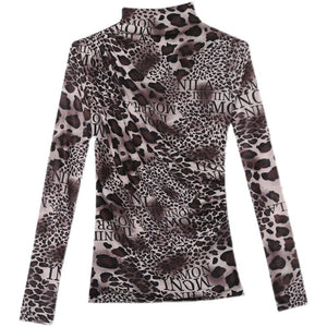 New Autumn Winter Women's T-Shirt Fashion Long Sleeve Turtleneck Leopard Mesh Tops Shirt Plus Size Women Clothing