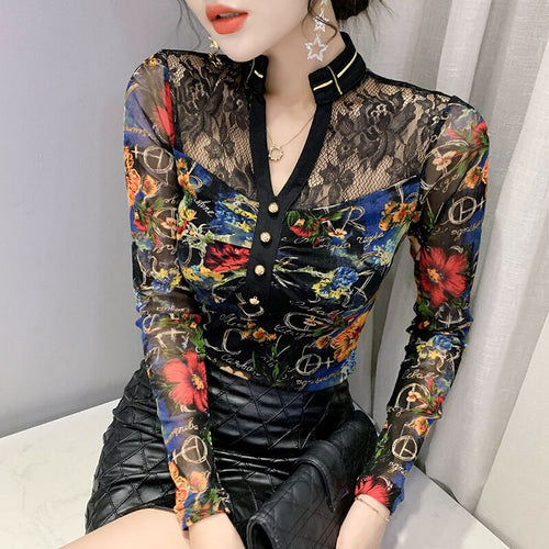 New Autumn Women's Clothing Fashion Sexy V-Neck Hollow Out Patchwork Mesh Tops Shirt Plus Size Women T-Shirt