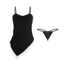 Load image into Gallery viewer, New Black Pajamas With Chest Pad Sexy Deep V Diagonal Slit Suspender Nightdress Homedress With Panties Size M L