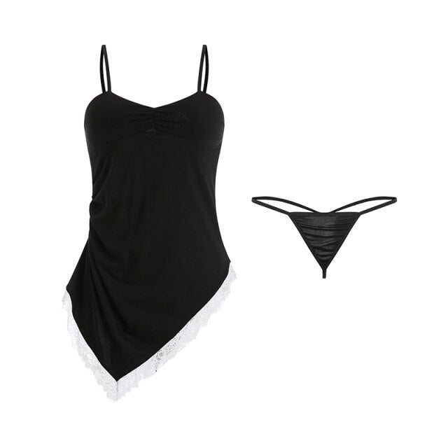 New Black Pajamas With Chest Pad Sexy Deep V Diagonal Slit Suspender Nightdress Homedress With Panties Size M L