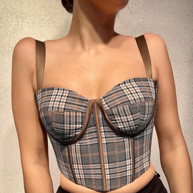 New Camisoles Summer For 2022 Elegant Retro Plaid Sling Corset  Crop Top Female T-Shirt Girls Tank Women's Clothing Tshirt Tees