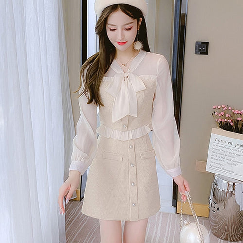 New Chic Women Set 2021 Korea Autumn Ladies Elegant Sweet Bow Tie Patchwork Tweed Jacket Top+High Waist Short Skirt 2-Piece Suit