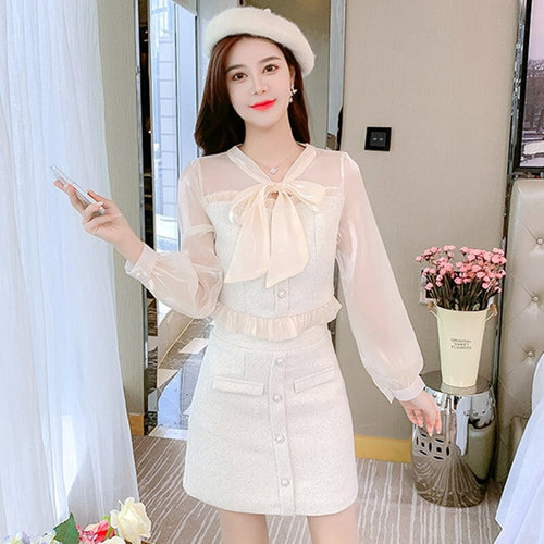 New Chic Women Set 2021 Korea Autumn Ladies Elegant Sweet Bow Tie Patchwork Tweed Jacket Top+High Waist Short Skirt 2-Piece Suit