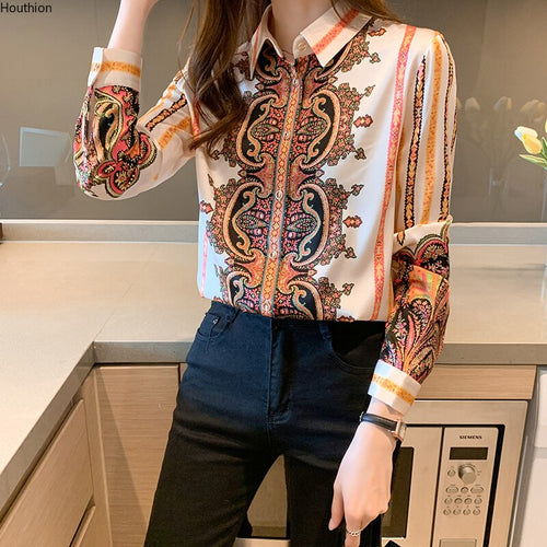 New Chiffon Women's Blouses  Korean Casual Blouse Breasted Loose Tops Print O-neck Woman Shirt Long Sleeve Fashion Top