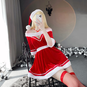 New Christmas Uniform Cosplay Costumes Sexy Red Lingerie Christmas Queen Adorable Dress Hot Erotic Girl Fuzzy Bodysuit For Women