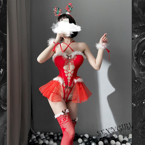 New Christmas Uniform Red Elk Cosplay Costume Baby Doll Bunny Girls Erotic Women Sexy Lingerie Underwear Hot Temptation Outfits