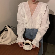 Load image into Gallery viewer, New Design White Women Blouse 2021 V-Neck Ruffles Flare Sleeved Solid Sweet Style Elegant Female Pulls Outwear Tops