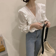 Load image into Gallery viewer, New Design White Women Blouse 2021 V-Neck Ruffles Flare Sleeved Solid Sweet Style Elegant Female Pulls Outwear Tops