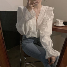 Load image into Gallery viewer, New Design White Women Blouse 2021 V-Neck Ruffles Flare Sleeved Solid Sweet Style Elegant Female Pulls Outwear Tops