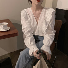Load image into Gallery viewer, New Design White Women Blouse 2021 V-Neck Ruffles Flare Sleeved Solid Sweet Style Elegant Female Pulls Outwear Tops