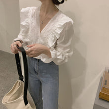 Load image into Gallery viewer, New Design White Women Blouse 2021 V-Neck Ruffles Flare Sleeved Solid Sweet Style Elegant Female Pulls Outwear Tops