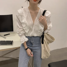 Load image into Gallery viewer, New Design White Women Blouse 2021 V-Neck Ruffles Flare Sleeved Solid Sweet Style Elegant Female Pulls Outwear Tops