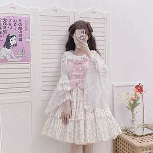New Elegant Lolita Shirts Bow Decoration Mori Girl Sweet Lace Crop Tops Flare Sleeve Vintage Blouses Spring All Match Women