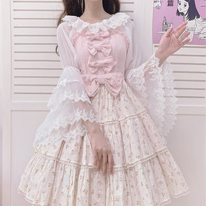 New Elegant Lolita Shirts Bow Decoration Mori Girl Sweet Lace Crop Tops Flare Sleeve Vintage Blouses Spring All Match Women