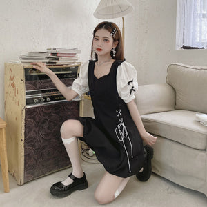 New Elegant Puff Sleeve Dress Summer Women Sweet Square Collar Dresses Femme Fashion Bandage Designed Vestidos Mujer Chic 2022