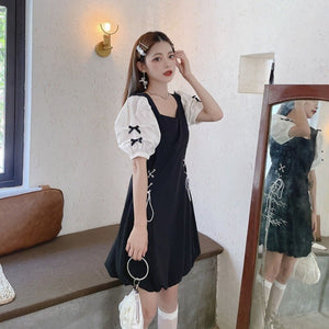 New Elegant Puff Sleeve Dress Summer Women Sweet Square Collar Dresses Femme Fashion Bandage Designed Vestidos Mujer Chic 2022