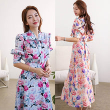 Load image into Gallery viewer, New Fashion 2021 Summer Midi Dress Women&#39;s Vintage Puff Sleeve Flowers Printed Bow Tie Elegant Casual Slim Party Dresses Robe