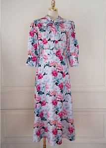 New Fashion 2021 Summer Midi Dress Women's Vintage Puff Sleeve Flowers Printed Bow Tie Elegant Casual Slim Party Dresses Robe