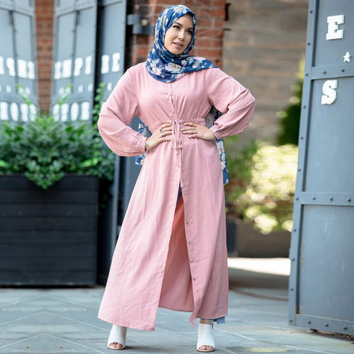 New Fashion Muslim Lapel Solid Color Full Button Slim Dress Long Skirt Pure Color Elastic Manual Waist Waist Ladies Casual Dress
