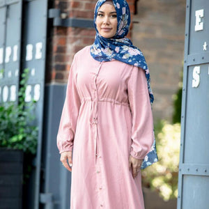 New Fashion Muslim Lapel Solid Color Full Button Slim Dress Long Skirt Pure Color Elastic Manual Waist Waist Ladies Casual Dress