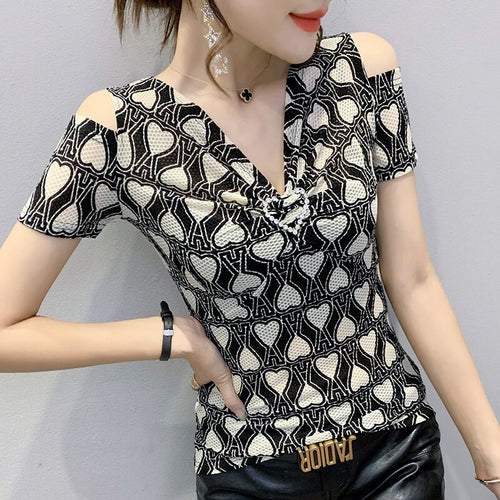 New Fashion Print Short Sleeve Women's T-Shirt Sexy V-Neck Off The Shoulder Black Mesh Tops Plus Size Female Blusas