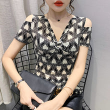 Load image into Gallery viewer, New Fashion Print Short Sleeve Women&#39;s T-Shirt Sexy V-Neck Off The Shoulder Black Mesh Tops Plus Size Female Blusas