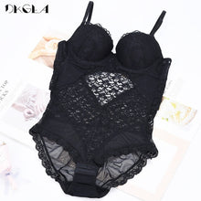 Load image into Gallery viewer, New Fashion Sexy Jumpsuit Transparent Embroidery Women Bodysuit Black Deep V Push Up B C D Cup White Bodysuits Lace Floral Mesh