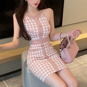 New Fashion Single-breasted Elegant Pencil Knitted Dress Women Summer Slim Sheath Bodycon Dresses Vintage Plaid Vestidos 2021