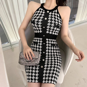 New Fashion Single-breasted Elegant Pencil Knitted Dress Women Summer Slim Sheath Bodycon Dresses Vintage Plaid Vestidos 2021