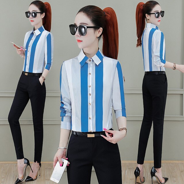 New Fashion Striped Shirts for Women Korean Style Lapel Business Blouse Tops