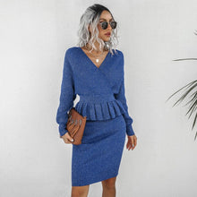 Load image into Gallery viewer, New Fashion Women Skirt Casual 2Pc Outfit Elegant Sexy V-Neck Tops Sweatshirt+Bodycon Skirts Suit Office Ladies Rib Sweater Sets