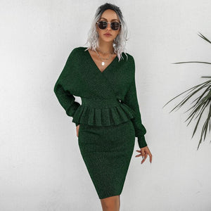 New Fashion Women Skirt Casual 2Pc Outfit Elegant Sexy V-Neck Tops Sweatshirt+Bodycon Skirts Suit Office Ladies Rib Sweater Sets