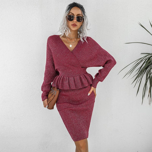 New Fashion Women Skirt Casual 2Pc Outfit Elegant Sexy V-Neck Tops Sweatshirt+Bodycon Skirts Suit Office Ladies Rib Sweater Sets