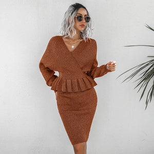 New Fashion Women Skirt Casual 2Pc Outfit Elegant Sexy V-Neck Tops Sweatshirt+Bodycon Skirts Suit Office Ladies Rib Sweater Sets