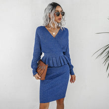 Load image into Gallery viewer, New Fashion Women Skirt Casual 2Pc Outfit Elegant Sexy V-Neck Tops Sweatshirt+Bodycon Skirts Suit Office Ladies Rib Sweater Sets