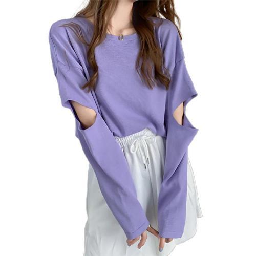 New Fashion Women Tee Shirt  Solid Color Long Sleeve Elbow Hole Hollow Loose T Shirt Top Plus Size 2XL Female Top топ женский