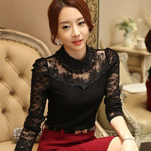 New Fashion long sleeve blouse shirts women fashion beaded Blusas femininas Sexy Plus size Lace Tops Women clothing