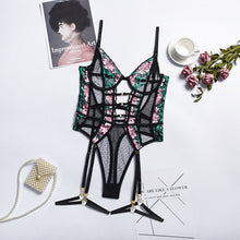 Load image into Gallery viewer, New Female Floral Embroidery Lace Lingerie Bodysuit Women Sexy Mesh Perspective Underwire Backless with Garters Exotic Bodysuit