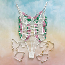 Load image into Gallery viewer, New Female Floral Embroidery Lace Lingerie Bodysuit Women Sexy Mesh Perspective Underwire Backless with Garters Exotic Bodysuit