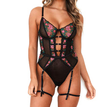 Load image into Gallery viewer, New Female Floral Embroidery Lace Lingerie Bodysuit Women Sexy Mesh Perspective Underwire Backless with Garters Exotic Bodysuit